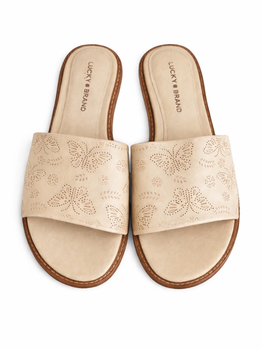 Lucky Brand Keshy Leather Flat Cream Butterfly Laser-Cut Slide Sandals NWT 8